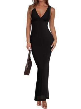 Women's Black Summer V Neck Sleeveless Wedding Guest Maxi Dress Sexy Mesh Dress